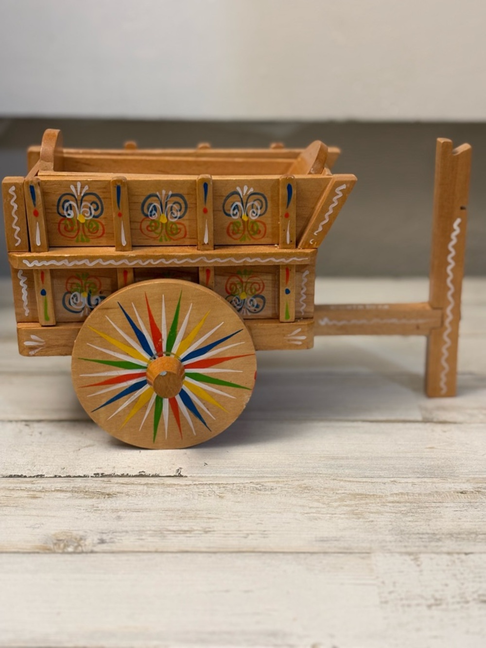 Hand-Painted Wooden Decorative Cart - Natural Wood